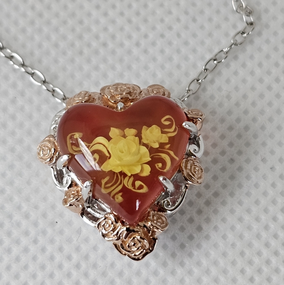 Gems En Vogue Amber Heart 18K Rose Gold Palladium Sterling Silver Necklace! - Picture 1 of 7